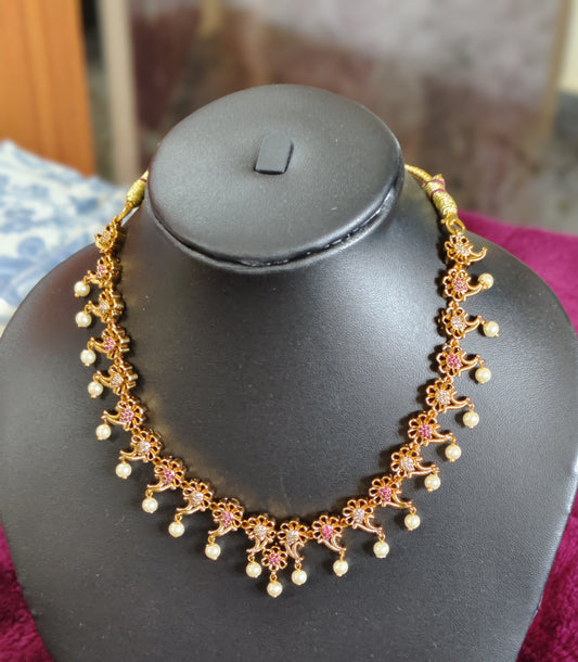 FLOWER DESIGN NECKSET WITH DROPPING PEARLS