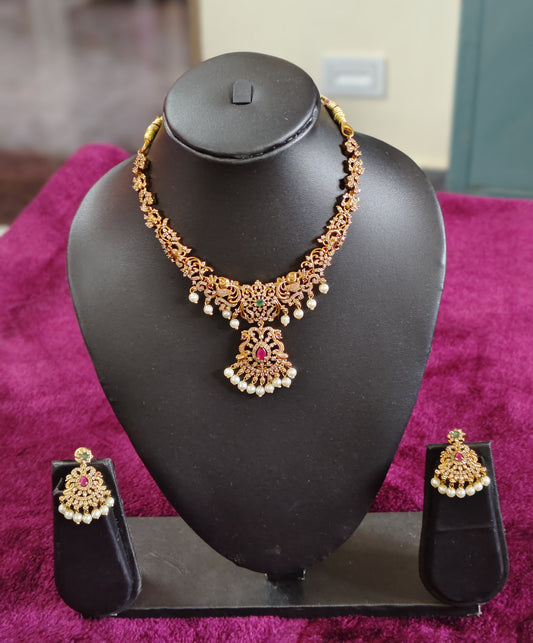 SHORT NECK SET WITH CZ STONE WORK AND PEACOCKS