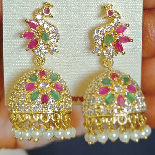 STUNNING CZ PEACOCK EARRINGS WITH RUBIES AND EMERALDS