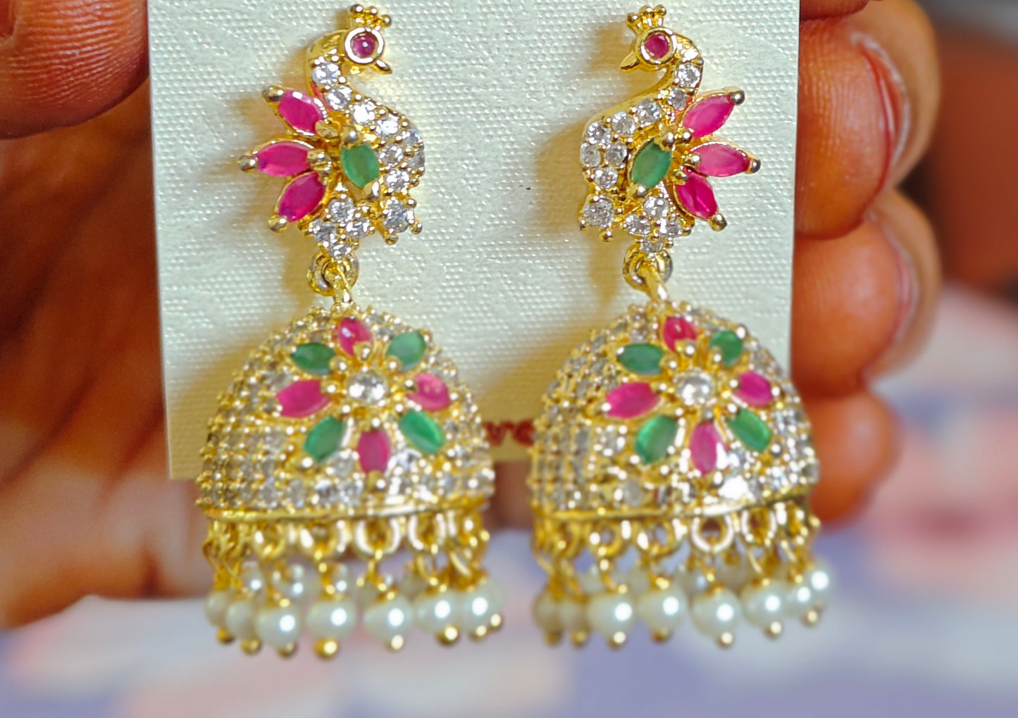 STUNNING CZ PEACOCK EARRINGS WITH RUBIES AND EMERALDS