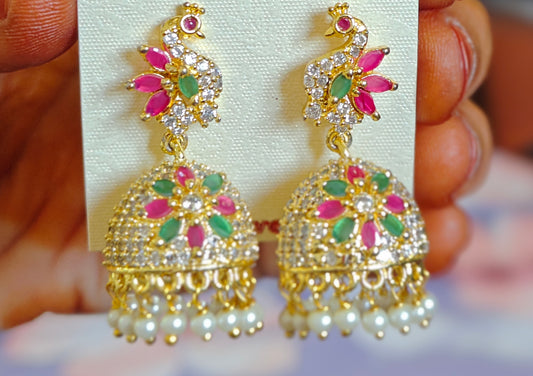 STUNNING CZ PEACOCK EARRINGS WITH RUBIES AND EMERALDS
