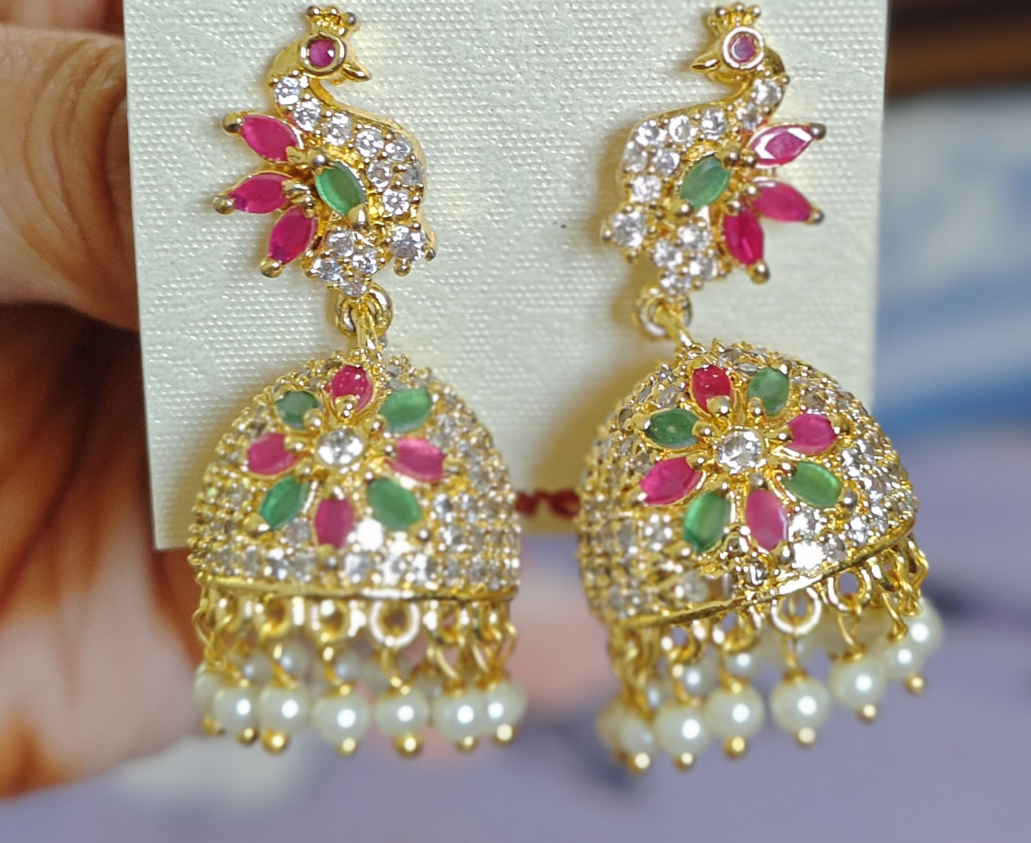 STUNNING CZ PEACOCK EARRINGS WITH RUBIES AND EMERALDS